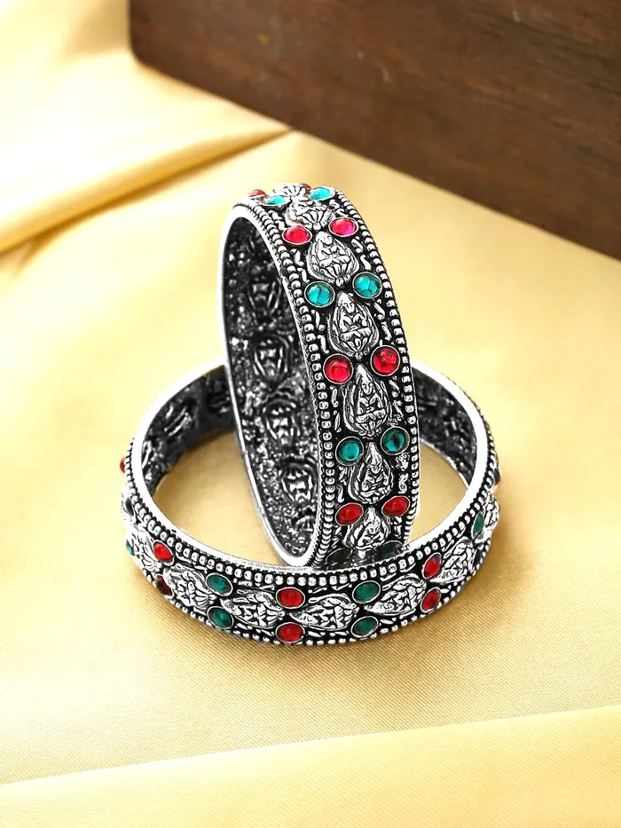 Necklaces Yellow Chimes Yellow Chimes Oxidised Bangles Set for Women Authentic Kolhapuri Work Handmade Kundan Studded Silver Oxidized Bangles Sets for Women and Girls