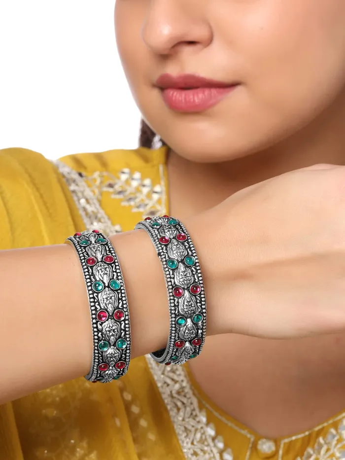 Necklaces Yellow Chimes Yellow Chimes Oxidised Bangles Set for Women Authentic Kolhapuri Work Handmade Kundan Studded Silver Oxidized Bangles Sets for Women and Girls