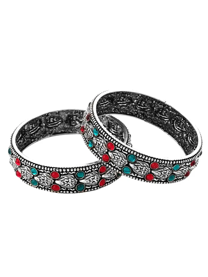 Necklaces Yellow Chimes Yellow Chimes Oxidised Bangles Set for Women Authentic Kolhapuri Work Handmade Kundan Studded Silver Oxidized Bangles Sets for Women and Girls