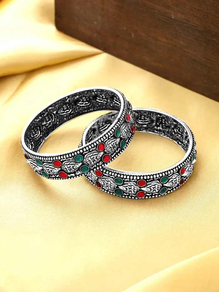 Necklaces Yellow Chimes Yellow Chimes Oxidised Bangles Set for Women Authentic Kolhapuri Work Handmade Kundan Studded Silver Oxidized Bangles Sets for Women and Girls