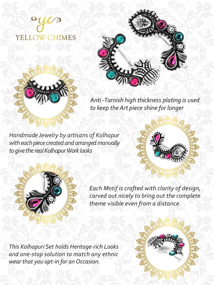 Necklaces Yellow Chimes Yellow Chimes Oxidised Nose Pin Nath for Women 2 Pcs Combo Authentic Kolhapuri Worked Maharasthrian NonPiercing Nath for Women and Girls
