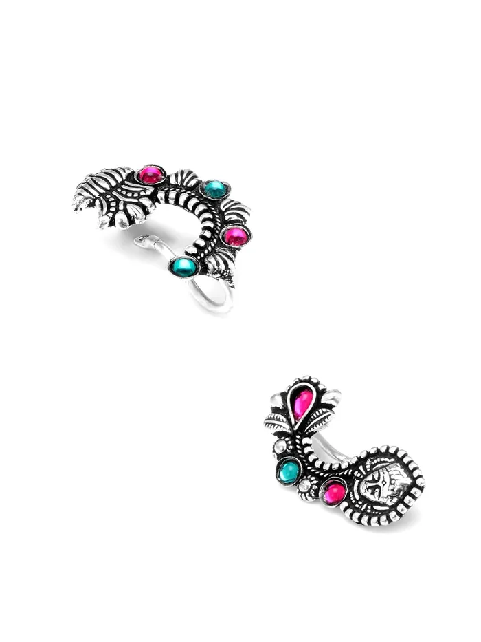 Necklaces Yellow Chimes Yellow Chimes Oxidised Nose Pin Nath for Women 2 Pcs Combo Authentic Kolhapuri Worked Maharasthrian NonPiercing Nath for Women and Girls