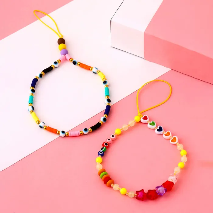 Necklaces Yellow Chimes Yellow Chimes Phone String For Women Combo Of 2 Pcs Multicolor Beaded Phone Case Charm Phone Chain Wrist Strap For Women and Girls