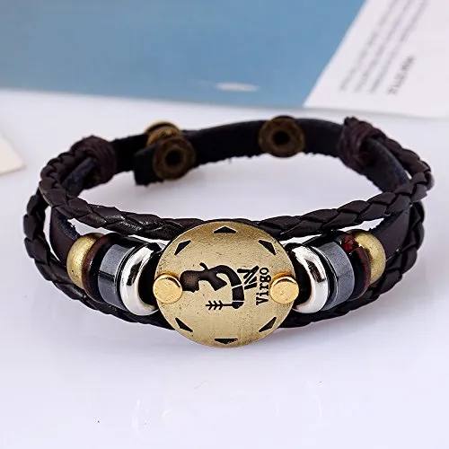 Necklaces Yellow Chimes Zodiac Sign Constellation Handmade Brown Leather Bracelet For Men and WomenUnisex Virgo Yellow Chimes