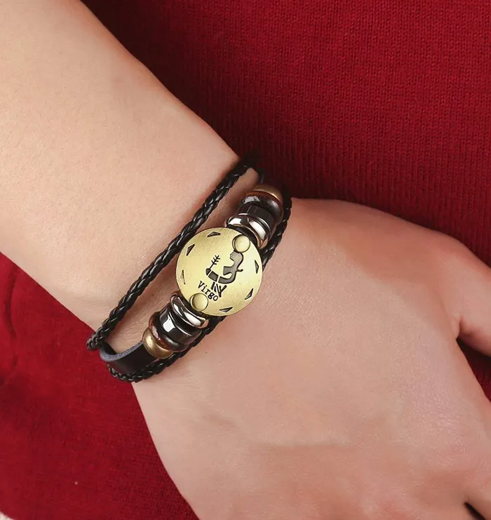 Necklaces Yellow Chimes Zodiac Sign Constellation Handmade Brown Leather Bracelet For Men and WomenUnisex Virgo Yellow Chimes
