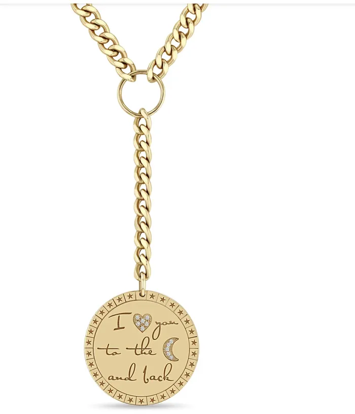 Necklaces Zo Chicco 14K LARGE PAV DIAMOND I LOVE YOU TO THE MOON BACK MANTRA CURB CHAIN LARIAT NECKLACE