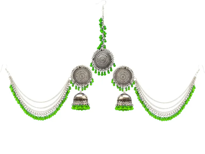 Rings Yellow Chimes German Oxidised Silver Antique Traditional Maang Tikka with Earrings Jewellery Set for Women and Girls Green Yellow Chimes Rings Yellow Chimes German Oxidised Silver Antique Traditional Maang Tikka with Earrings Jewellery Set for Women and Girls Green Yellow Chimes