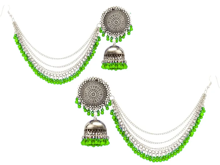 Rings Yellow Chimes German Oxidised Silver Antique Traditional Maang Tikka with Earrings Jewellery Set for Women and Girls Green Yellow Chimes
