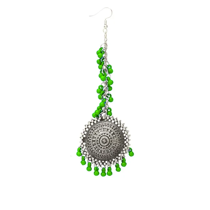 Rings Yellow Chimes German Oxidised Silver Antique Traditional Maang Tikka with Earrings Jewellery Set for Women and Girls Green Yellow Chimes