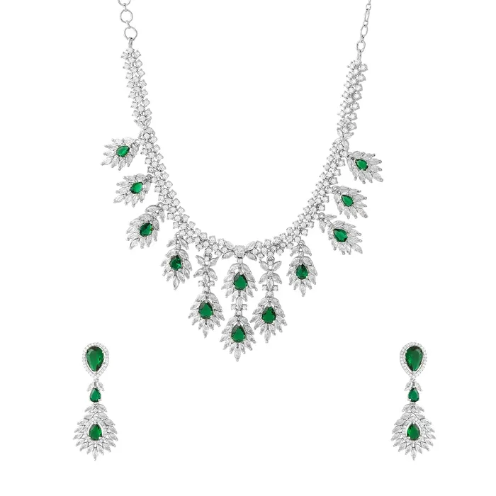 Rings Yellow Chimes Jewellery Set American Diamond Necklace with Earrings Wedding Adjustable Silver Tone Green Rings Yellow Chimes Jewellery Set American Diamond Necklace with Earrings Wedding Adjustable Silver Tone Green