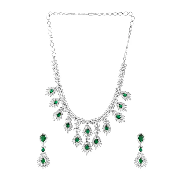 Rings Yellow Chimes Jewellery Set American Diamond Necklace with Earrings Wedding Adjustable Silver Tone Green