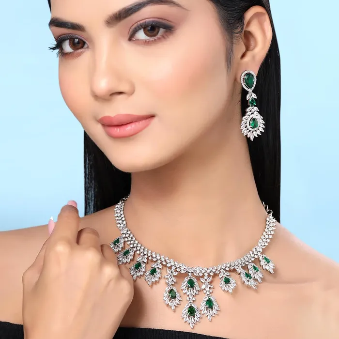 Rings Yellow Chimes Jewellery Set American Diamond Necklace with Earrings Wedding Adjustable Silver Tone Green