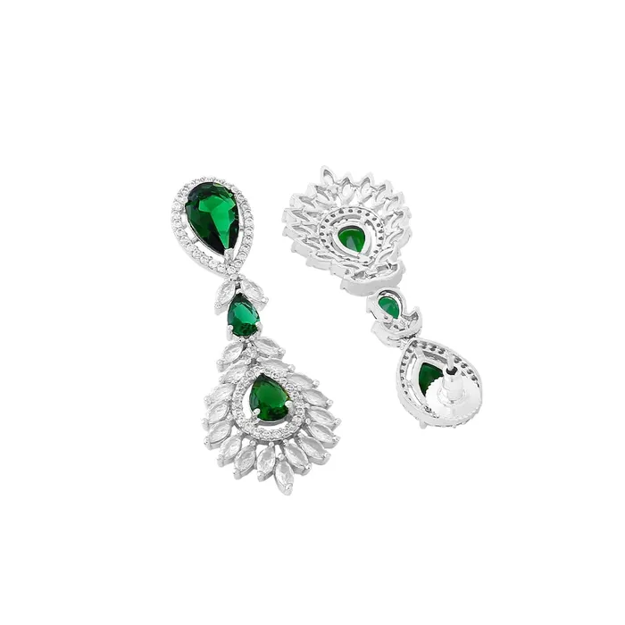 Rings Yellow Chimes Jewellery Set American Diamond Necklace with Earrings Wedding Adjustable Silver Tone Green