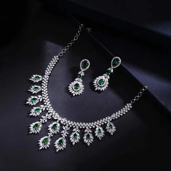 Rings Yellow Chimes Jewellery Set American Diamond Necklace with Earrings Wedding Adjustable Silver Tone Green