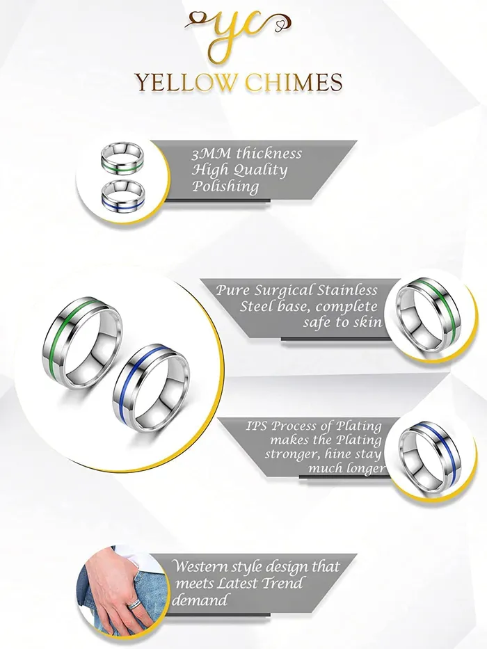 Rings Yellow Chimes Yellow Chimes 2 pcs Combo Rings for Men Silver toned Stainless Steel Band Designed Contemporary Rings for Men and Boys