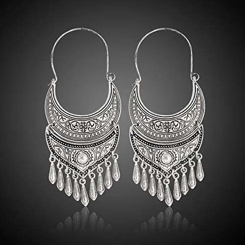 Rings Yellow Chimes Yellow Chimes Oxidized Silver Combo Of Two Pair Traditional Long Chand Bali Earrings For Women Girls