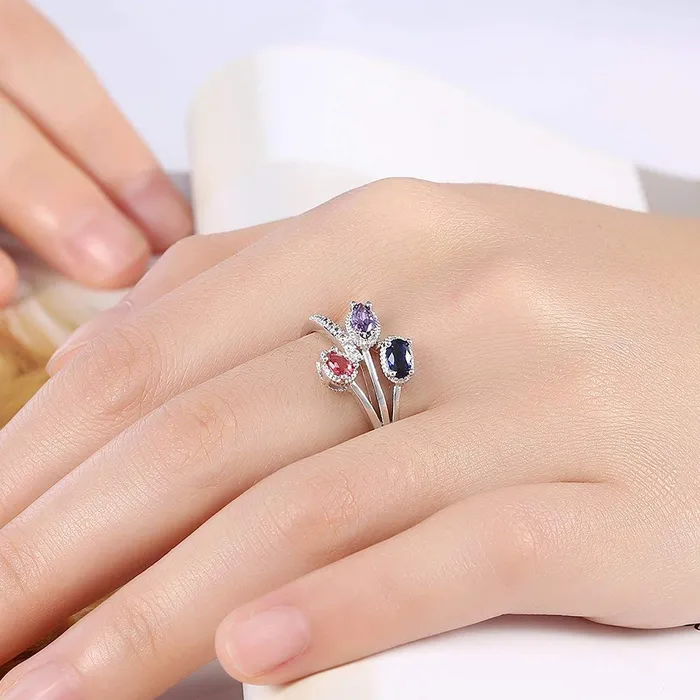 Rings Yellow Chimes Yellow Chimes Rings for Women Silver Crystal Ring Three Leaves Classic Designed Platinum Plated Ring for Women and Girls