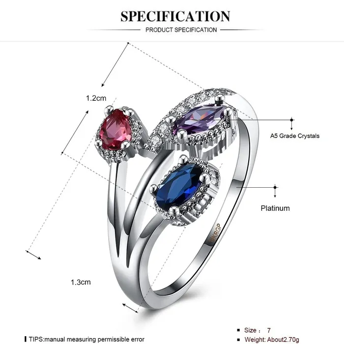 Rings Yellow Chimes Yellow Chimes Rings for Women Silver Crystal Ring Three Leaves Classic Designed Platinum Plated Ring for Women and Girls
