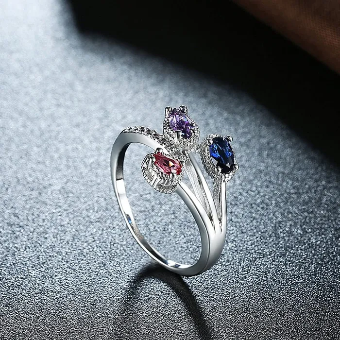 Rings Yellow Chimes Yellow Chimes Rings for Women Silver Crystal Ring Three Leaves Classic Designed Platinum Plated Ring for Women and Girls