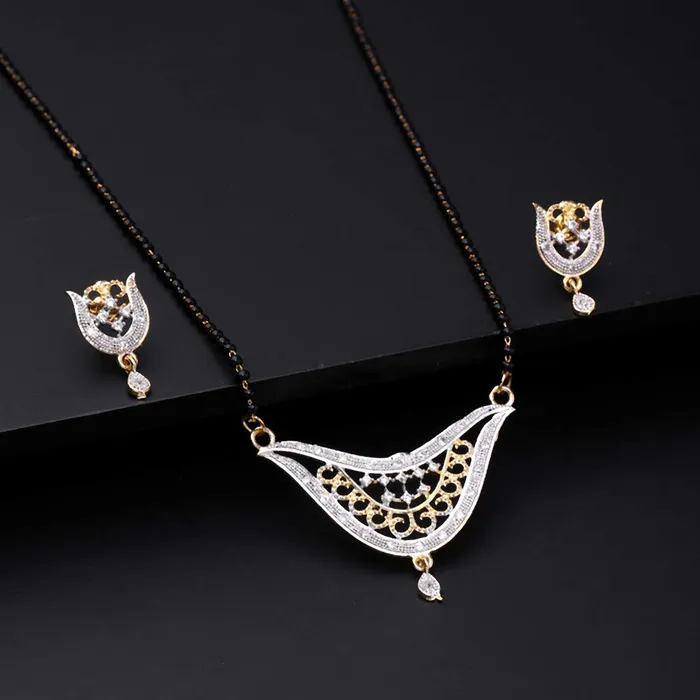 Rings Yellow Chimes Yellow Chimes Sparkling ADAmerican Diamond Studded Ethnic Traditional Black Beads Designer Mangalsutra Pendant Set with Earrings for Women