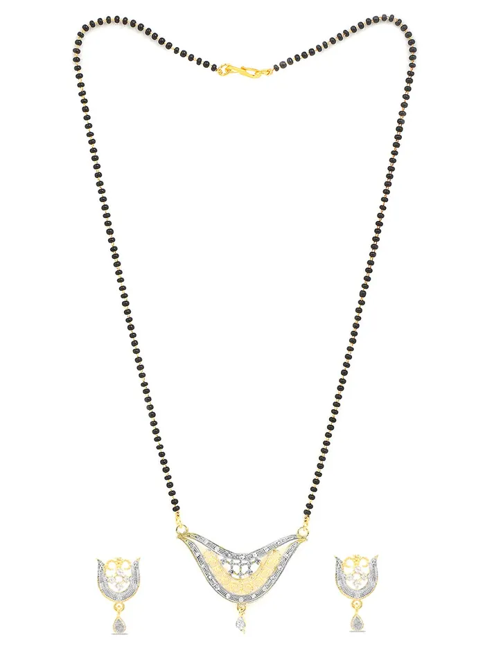 Rings Yellow Chimes Yellow Chimes Sparkling ADAmerican Diamond Studded Ethnic Traditional Black Beads Designer Mangalsutra Pendant Set with Earrings for Women