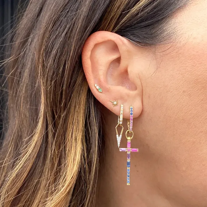 Three Stories Jewelry Medium Double Sided Oval Sapphire and Diamond Hoop Earrings