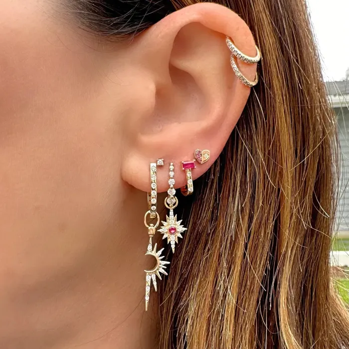 Three Stories Jewelry Medium Double Sided Oval Sapphire and Diamond Hoop Earrings