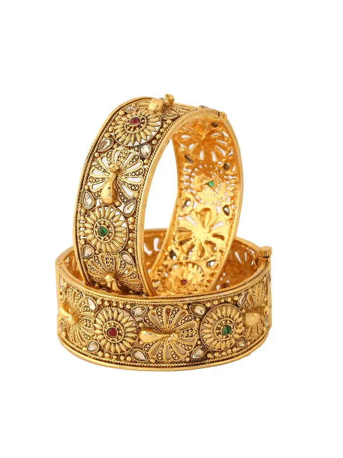 Yellow Chimes Bangles for Women Gold Toned Crystal Studded Peacock Designed Set of 2 Bangles for Women and Girls Yellow Chimes Necklaces
