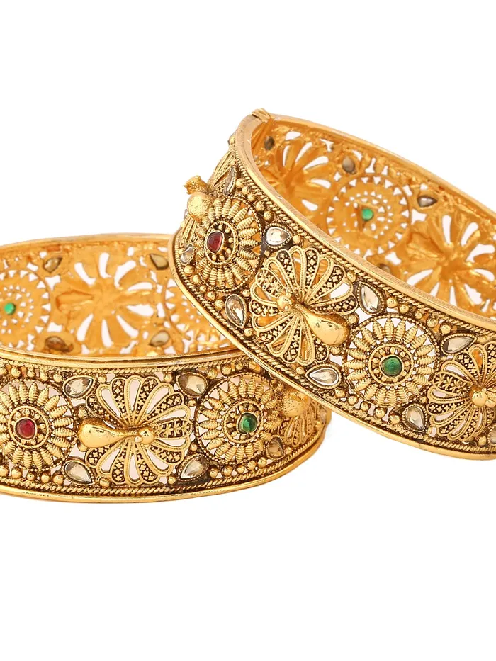 Yellow Chimes Bangles for Women Gold Toned Crystal Studded Peacock Designed Set of 2 Bangles for Women and Girls Yellow Chimes Necklaces