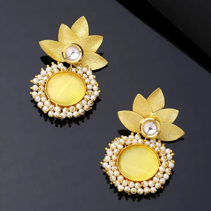 Yellow Chimes Bracelets Yellow Chimes Earrings for Women Gold Toned Floral Designed Crystal Studded with Beads Drop Earrings for Women and Girls