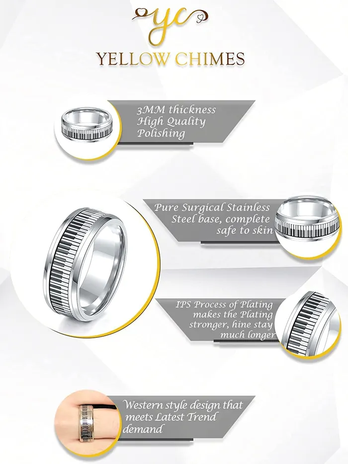 Yellow Chimes Bracelets Yellow Chimes Silver Toned Ring For Men Pack of 1 Stainless Steel Band Ring Silver Piano Keyboard Finger Ring for Boys Ideal Gift For Men and Boys