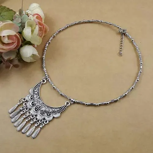Yellow Chimes Classic Design Bohemian Antique Texture Oxidised Silver Plated Tibetan Style Choker Necklace For Women And Girls Yellow Chimes Earrings