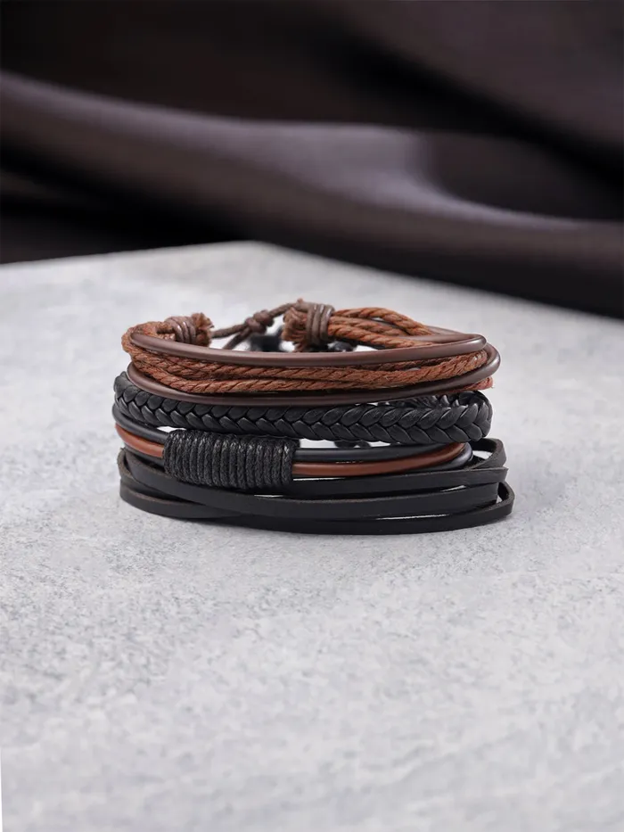 Yellow Chimes Combo Leather Wraps Casual Latest Trend Multi Strand Wrist Bracelets for Men and Women Unisex 4 Pcs Brown Leather Bracelet Yellow Chimes Earrings