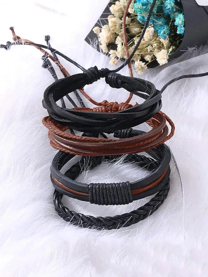 Yellow Chimes Combo Leather Wraps Casual Latest Trend Multi Strand Wrist Bracelets for Men and Women Unisex 4 Pcs Brown Leather Bracelet Yellow Chimes Earrings
