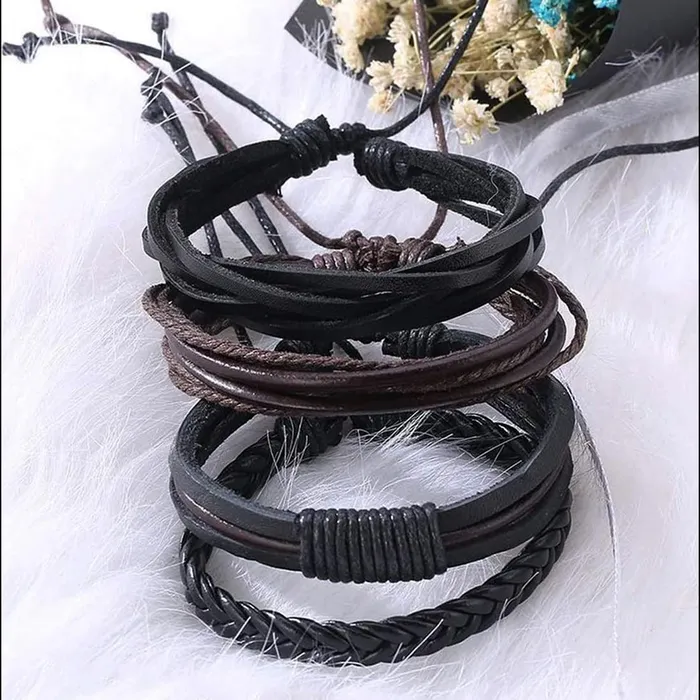Yellow Chimes Combo Leather Wraps Casual Latest Trend Multi Strand Wrist Bracelets for Men and Women Unisex 4 Pcs Brown Leather Bracelet Yellow Chimes Earrings