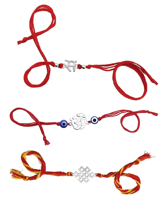 Yellow Chimes Combo of 3 Pcs Handmade Dori Worked Silver Toned OM Initial Letter S and Celtic Design Evil Eye Beads Rakhi for Brother with Roli Chawal Red Silver M YCTJRK28BHAYSL Yellow Chimes Necklaces