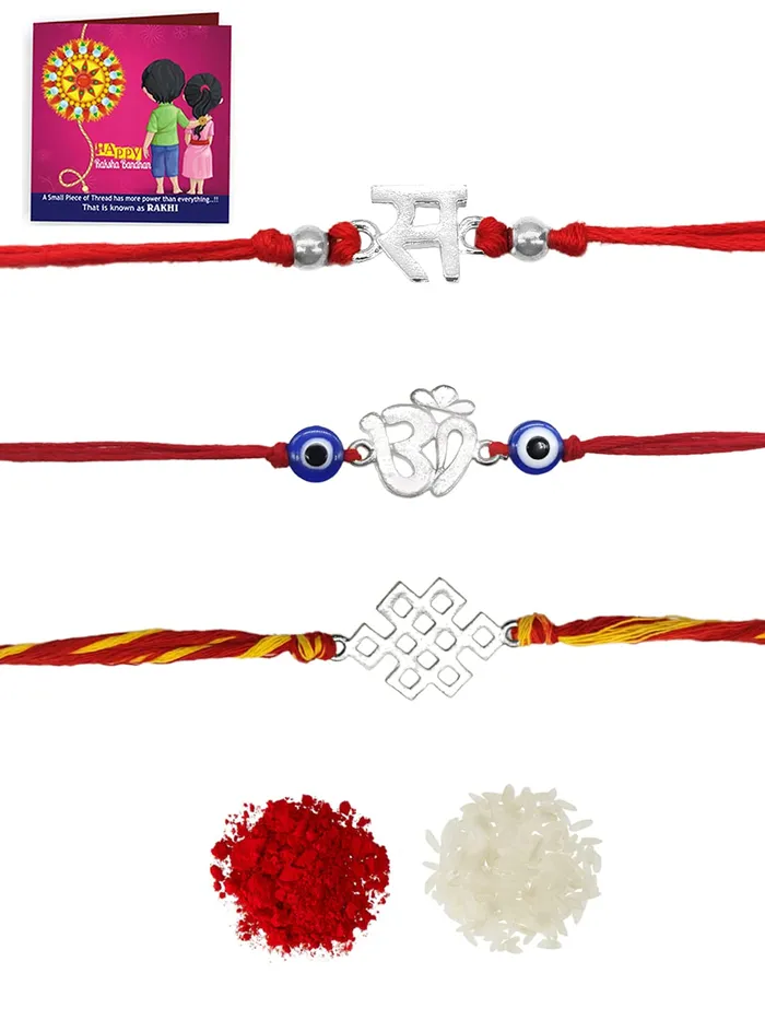 Yellow Chimes Combo of 3 Pcs Handmade Dori Worked Silver Toned OM Initial Letter S and Celtic Design Evil Eye Beads Rakhi for Brother with Roli Chawal Red Silver M YCTJRK28BHAYSL Yellow Chimes Necklaces