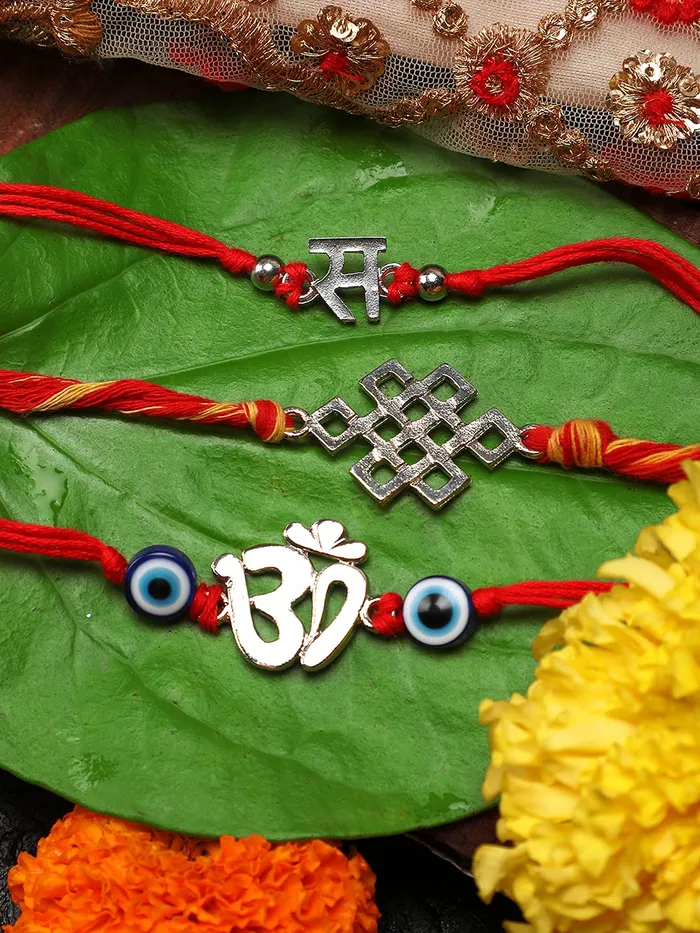 Yellow Chimes Combo of 3 Pcs Handmade Dori Worked Silver Toned OM Initial Letter S and Celtic Design Evil Eye Beads Rakhi for Brother with Roli Chawal Red Silver M YCTJRK28BHAYSL Yellow Chimes Necklaces