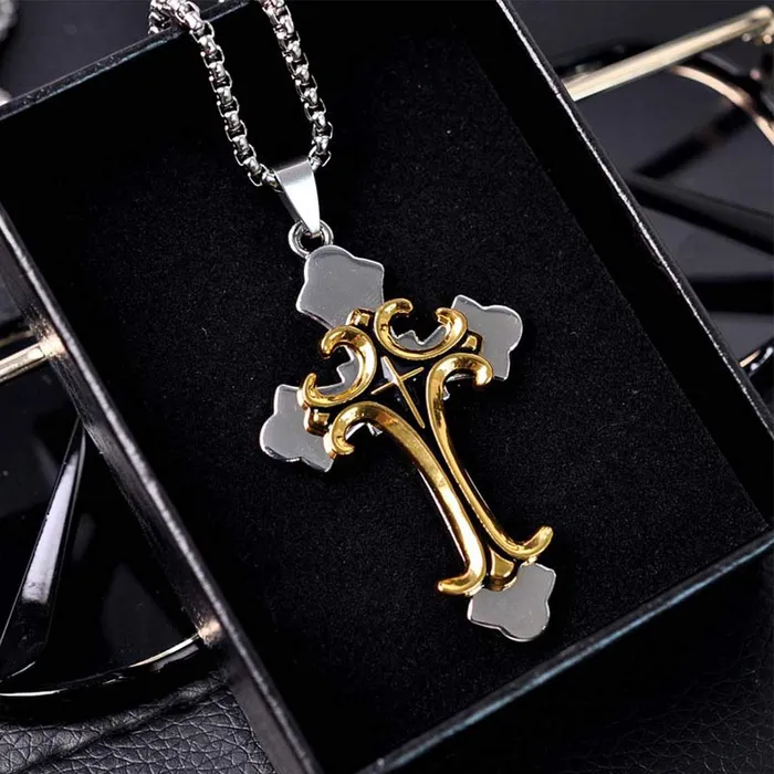 Yellow Chimes Cross Pendant for Men Chain Men Pendant Dual Tone Cross Sign Gold Polished Stainless Steel Chain Pendant for Men and Boys Yellow Chimes Necklaces