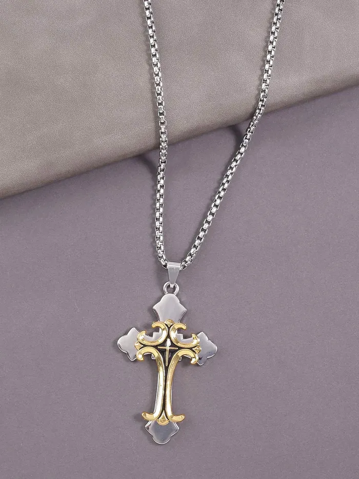 Yellow Chimes Cross Pendant for Men Chain Men Pendant Dual Tone Cross Sign Gold Polished Stainless Steel Chain Pendant for Men and Boys Yellow Chimes Necklaces