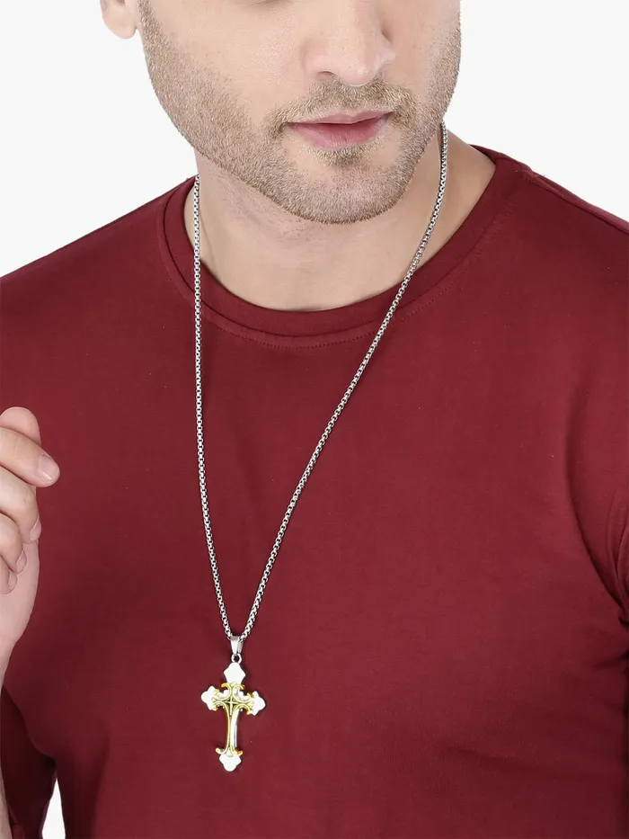 Yellow Chimes Cross Pendant for Men Chain Men Pendant Dual Tone Cross Sign Gold Polished Stainless Steel Chain Pendant for Men and Boys Yellow Chimes Necklaces
