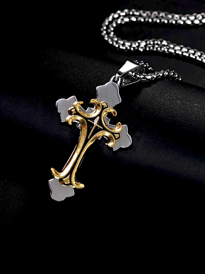 Yellow Chimes Cross Pendant for Men Chain Men Pendant Dual Tone Cross Sign Gold Polished Stainless Steel Chain Pendant for Men and Boys Yellow Chimes Necklaces