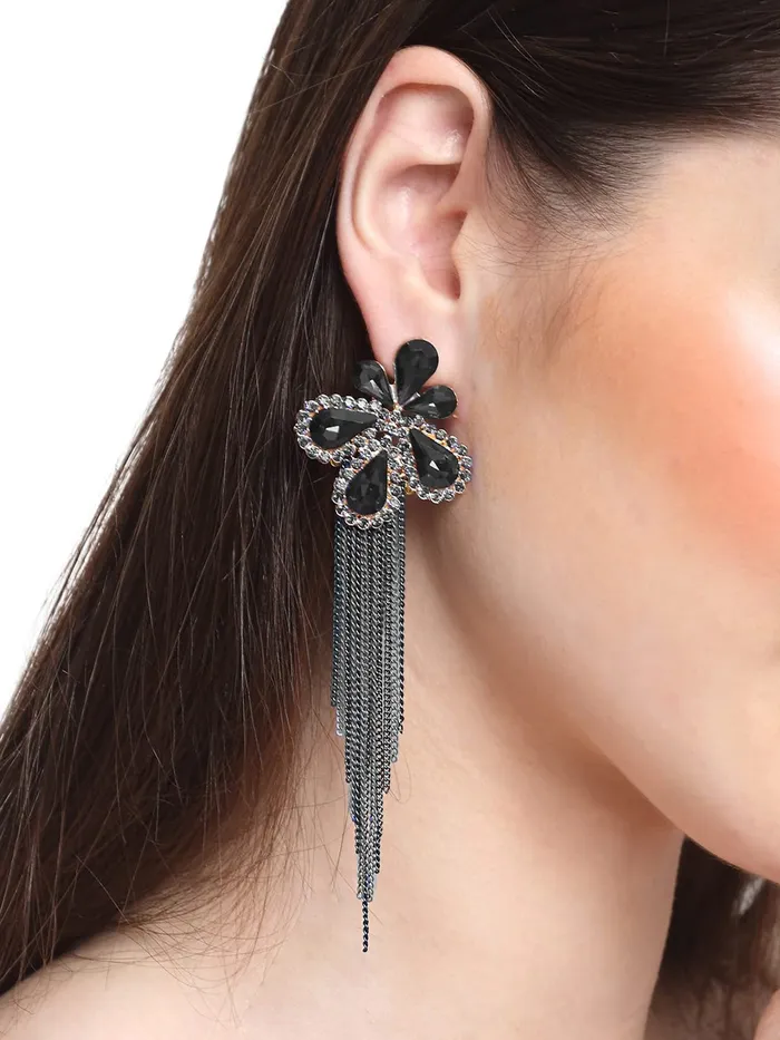 Yellow Chimes Danglers Earrings for Women Gold Plated Floral Shaped Crystal Black Long Chain Dangler Earrings for Women and Girls Yellow Chimes Earrings