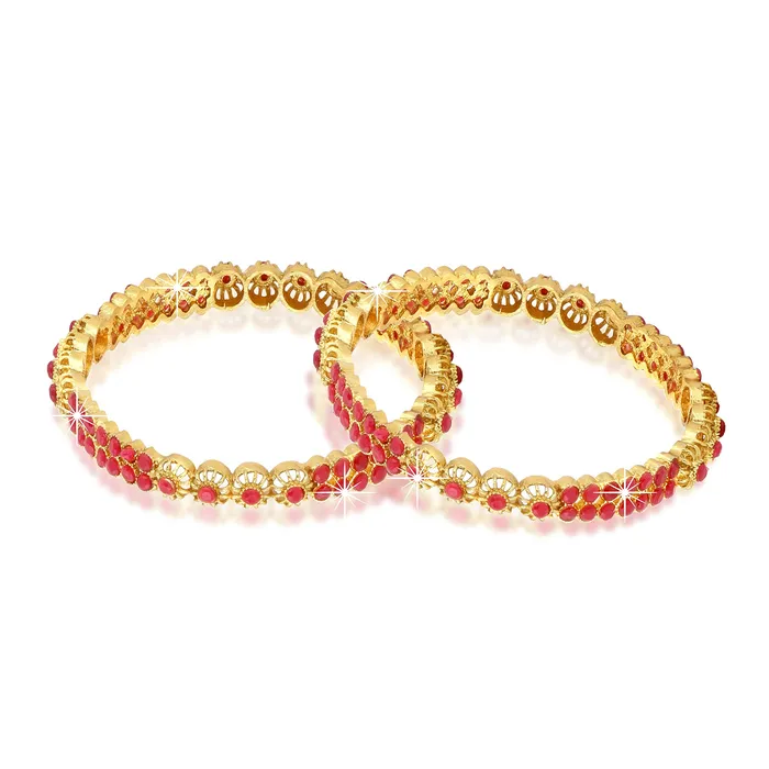 Yellow Chimes Designer Ruby Stones 2 PC Bangle Set Traditional Gold Plated Bangles for Women and Girls 28 Yellow Chimes Rings