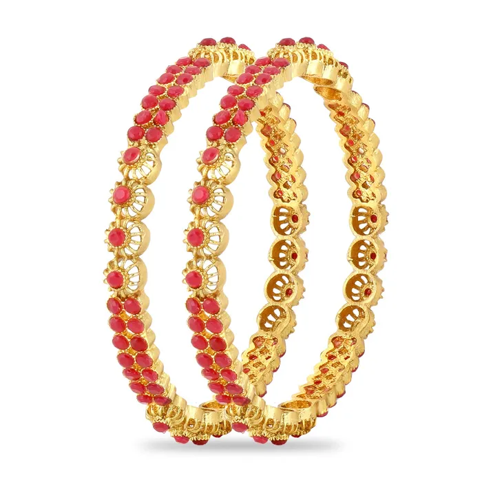 Yellow Chimes Designer Ruby Stones 2 PC Bangle Set Traditional Gold Plated Bangles for Women and Girls 28 Yellow Chimes Rings