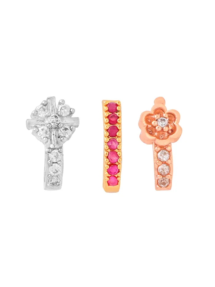 Yellow Chimes Earrings Combo Set of 3 Traditional Multicolor American Diamond Nose Pins NonPiercing Brass Material Elegance Yellow Chimes Earrings Combo Set of 3 Traditional Multicolor American Diamond Nose Pins NonPiercing Brass Material Elegance