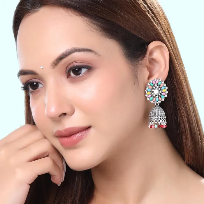 Yellow Chimes Earrings for Women and Girls Silver Oxidised Jhumka 2 Pair combo of Kundan Studded Jhumki Earrings Birthday Gift For girls and women Anniversary Gift for Wife Yellow Chimes Rings