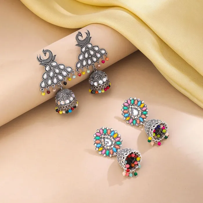 Yellow Chimes Earrings for Women and Girls Silver Oxidised Jhumka 2 Pair combo of Kundan Studded Jhumki Earrings Birthday Gift For girls and women Anniversary Gift for Wife Yellow Chimes Rings