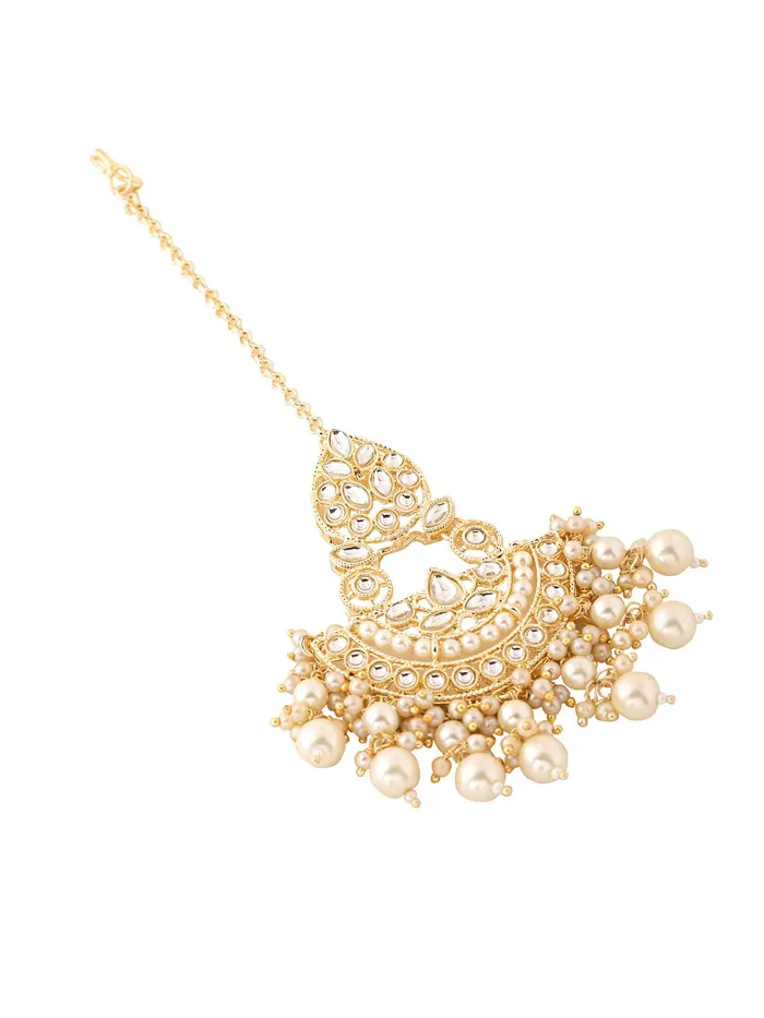 Yellow Chimes Earrings for Women Gold Toned Kundan Studded Beads Drop Chandbali Designed Earrings and Maang Tikka Set for Women and Girls Yellow Chimes Necklaces