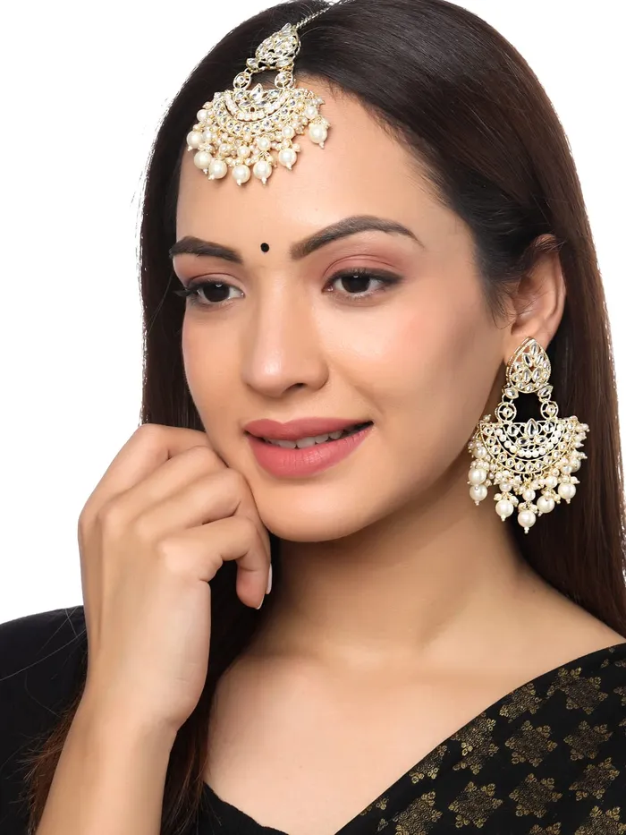 Yellow Chimes Earrings for Women Gold Toned Kundan Studded Beads Drop Chandbali Designed Earrings and Maang Tikka Set for Women and Girls Yellow Chimes Necklaces